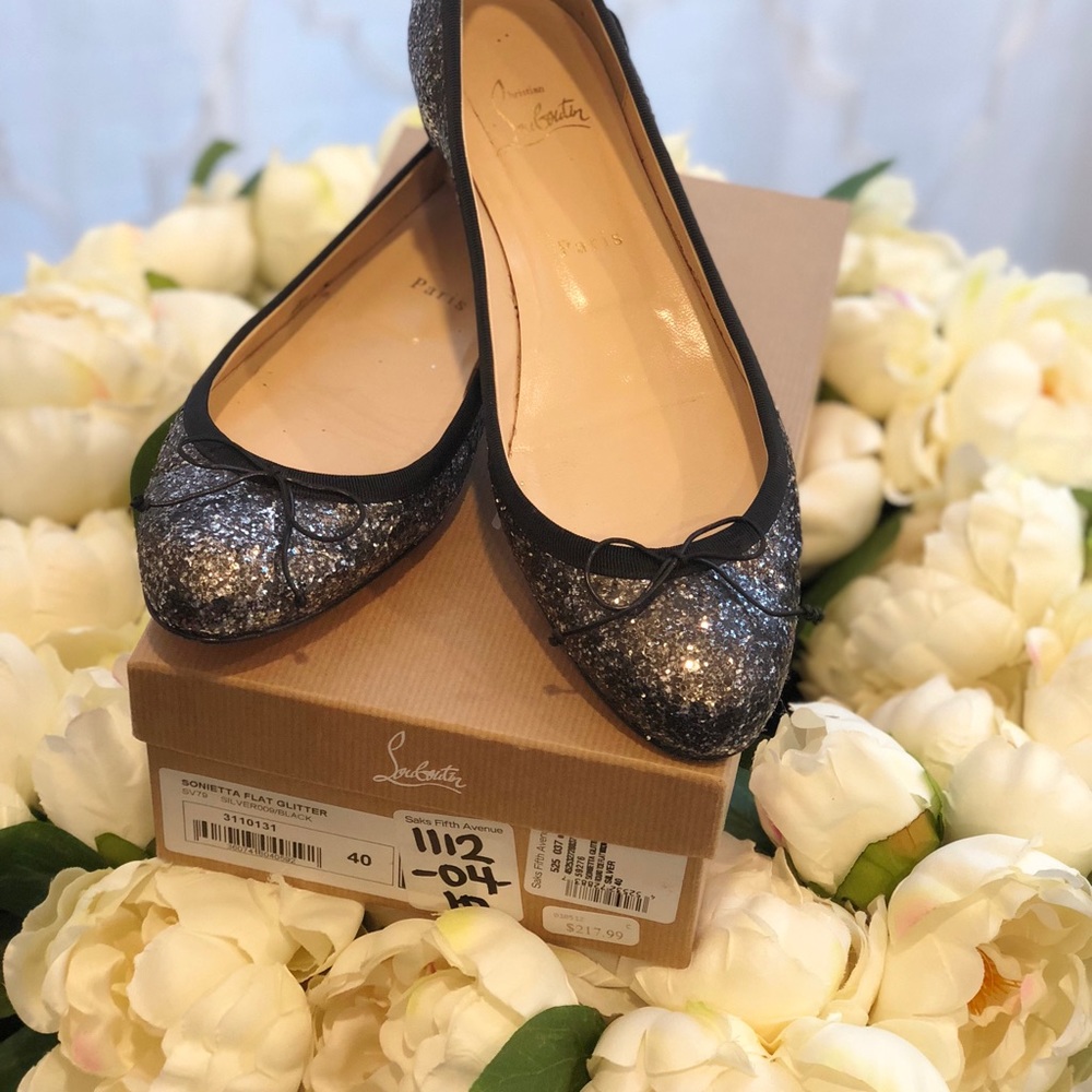 Louboutin Sonietta Flat in Sliver/Black Glitter